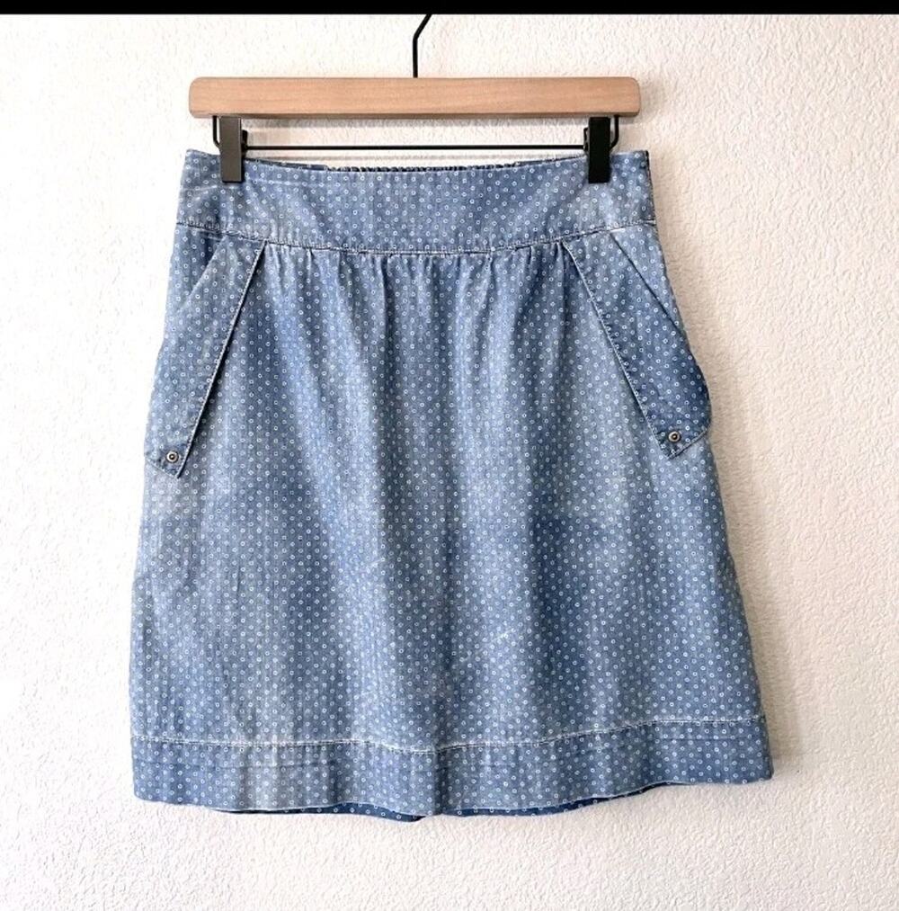 Anthropologie Holding Horses Women's 10 Polka Dot Chambray Skirt Light Wash Blue